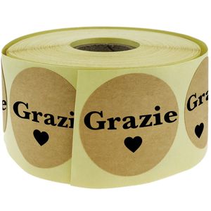 Pegatinas redondas de papel kraft “Grazie” de 25 mm, rollo bobina de 500 etiquetas de color marrón