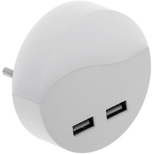 Piloto de luz LED nocturna redondo de tipo enchufe con sensor crepuscular 230VAC y 2 x USB