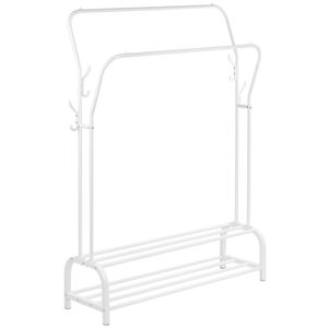 Perchero metálico blanco multifuncional con doble colgador y 2 estantes bajos