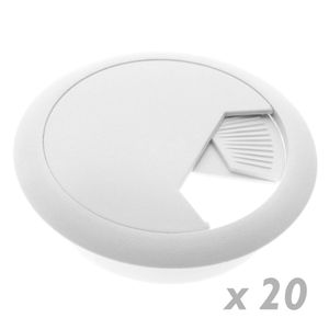 Lote de 20 pasacables redondo para encastrar en mesa de color blanco y diámetro 53 mm