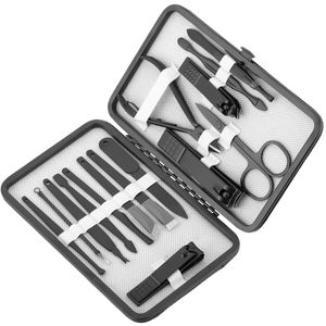 Kit de estuche de manicura y pedicura profesional, set de 15 accesorios de acero inoxidable, funda negra con imitación a piel