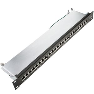 Patch panel rack 24 RJ45 Cat.6A FTP 1U negro con peine para gestión de cables