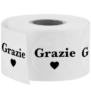 Pegatinas redondas “Grazie” de 25 mm, rollo bobina de 500 etiquetas de color blanco