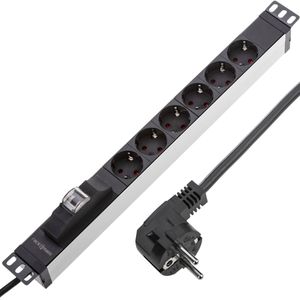 Regleta de enchufes de PVC para armario rack 19” 1U con 6 Schuko negros carcasa gris e interruptor tipo B